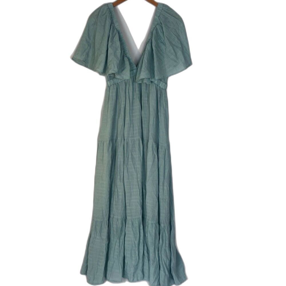 LaLavon Light Green‎ Deep V Flutter Sleeve Ruffled Skirt Maxi Dress Size Medium